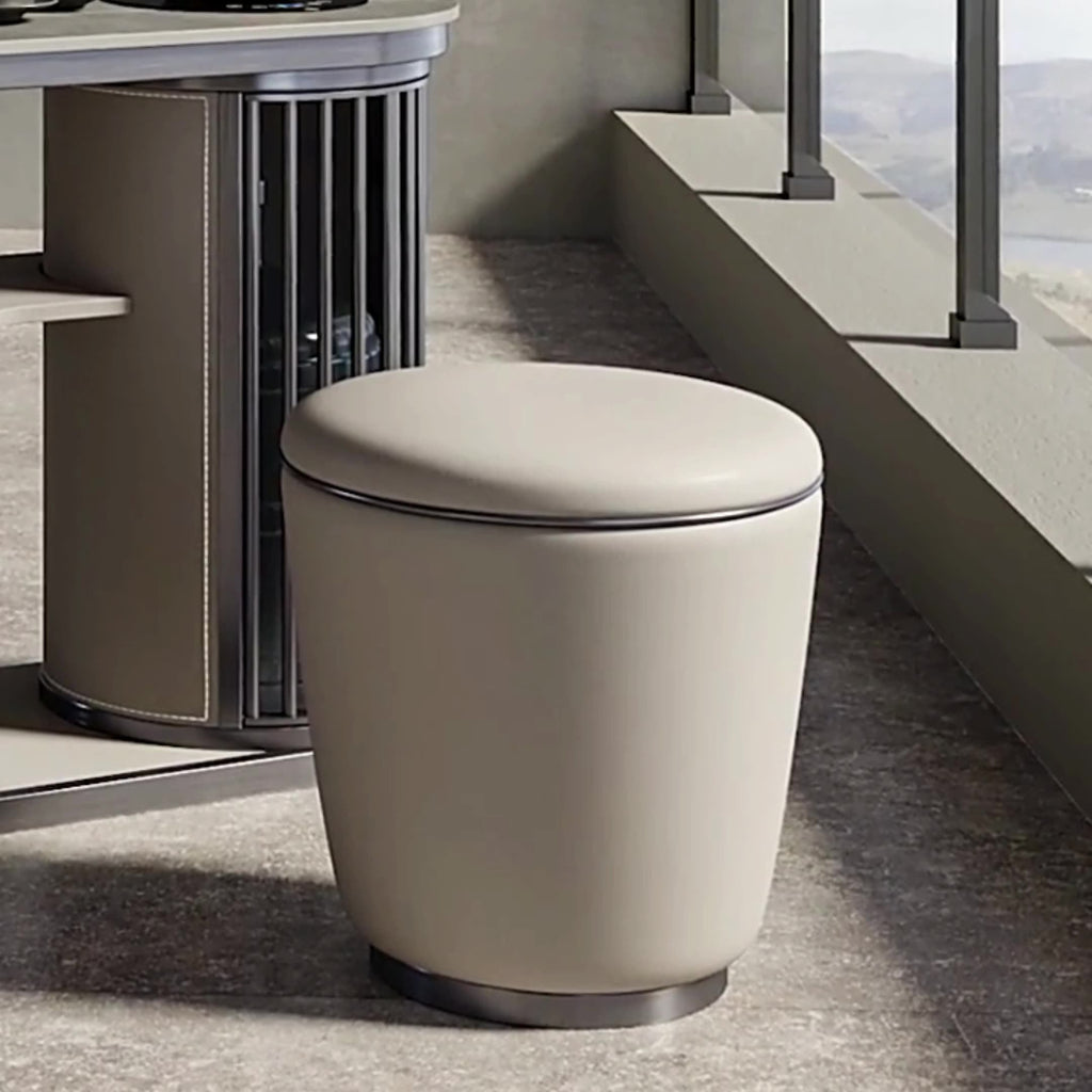 Taburete Moderno Redondo Minimalista para Tocador de Cuero de Microfibra con Marco de Acero Inoxidable – Perfecto para Dormitorio, Sala de Estar y Salón de Té