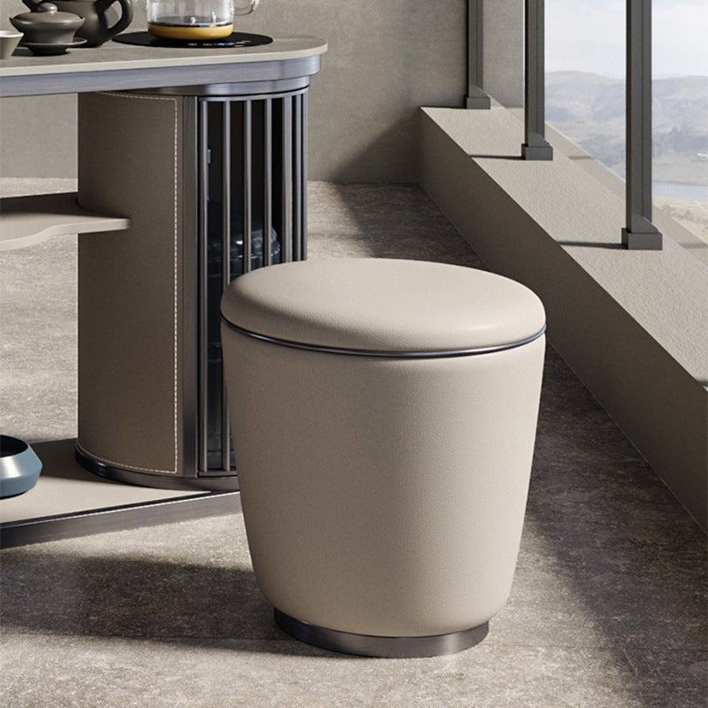 Taburete Moderno Redondo Minimalista para Tocador de Cuero de Microfibra con Marco de Acero Inoxidable – Perfecto para Dormitorio, Sala de Estar y Salón de Té