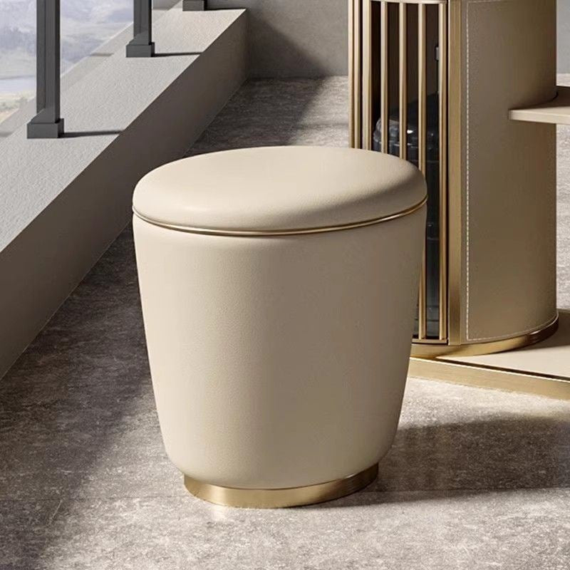 Modern Minimalist Round Vanity Stool in Microfiber Leather with Stainless Steel Frame – Perfect for Bedroom, Living Room, and Tea Room