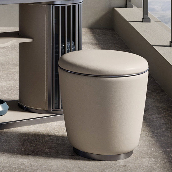 Taburete Moderno Redondo Minimalista para Tocador de Cuero de Microfibra con Marco de Acero Inoxidable – Perfecto para Dormitorio, Sala de Estar y Salón de Té