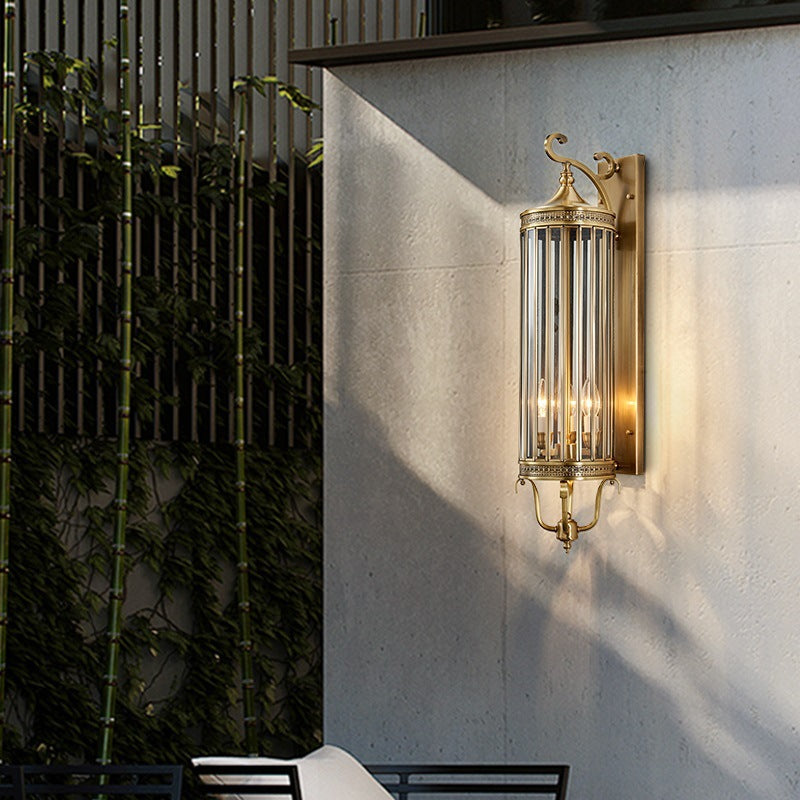 Lámpara de pared de lujo moderna impermeable de 1/3/6 luces, con diseño cilíndrico, marco de cobre y pantalla de vidrio, ideal para jardín.