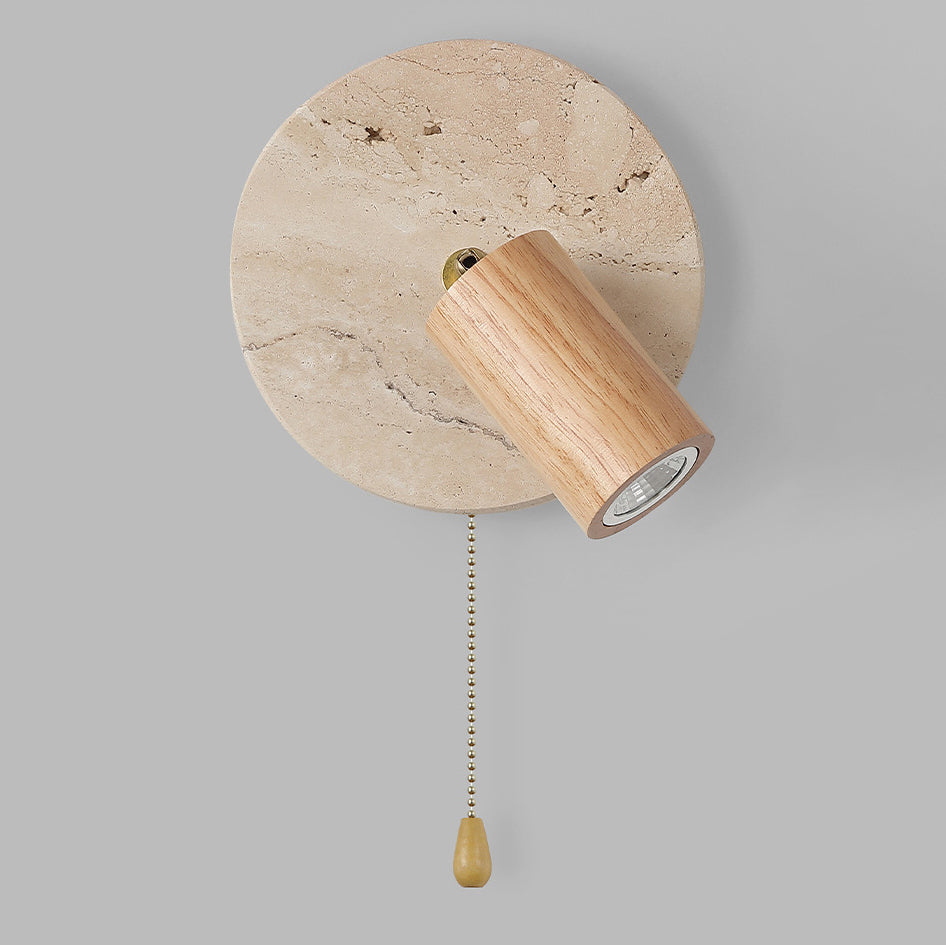 Organic Modern Travertine & Walnut Wood Wall Sconce Adjustable Bedside Reading Light with Pull Chain