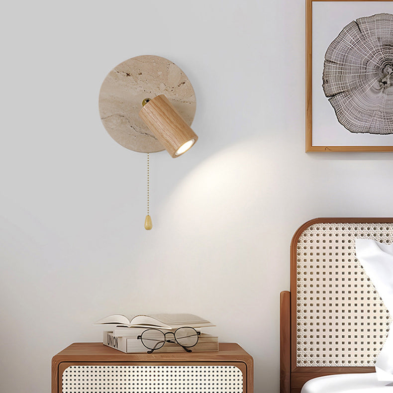Organic Modern Travertine & Walnut Wood Wall Sconce Adjustable Bedside Reading Light with Pull Chain
