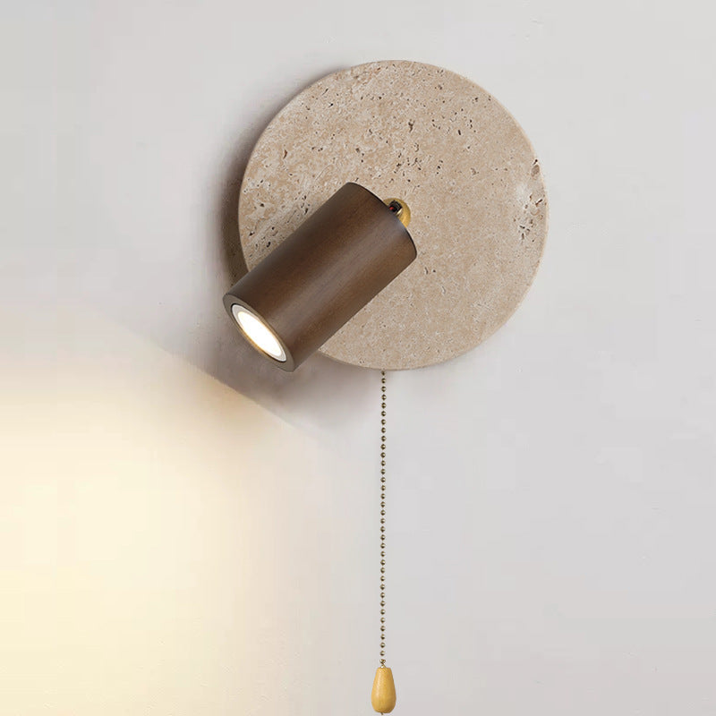 Organic Modern Travertine & Walnut Wood Wall Sconce Adjustable Bedside Reading Light with Pull Chain