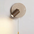 Organic Modern Travertine & Walnut Wood Wall Sconce Adjustable Bedside Reading Light with Pull Chain