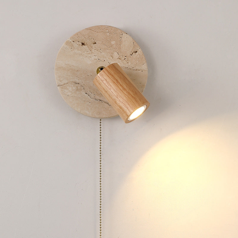Organic Modern Travertine & Walnut Wood Wall Sconce Adjustable Bedside Reading Light with Pull Chain