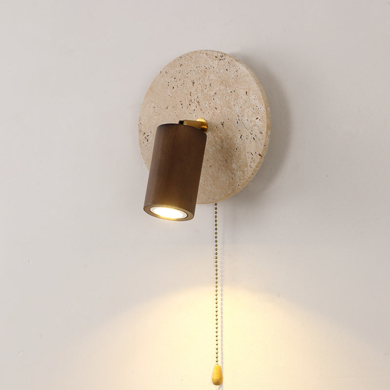 Organic Modern Travertine & Walnut Wood Wall Sconce Adjustable Bedside Reading Light with Pull Chain