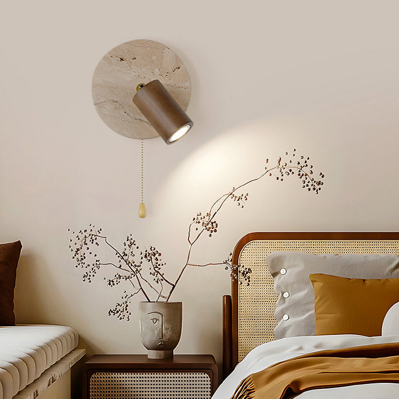 Organic Modern Travertine & Walnut Wood Wall Sconce Adjustable Bedside Reading Light with Pull Chain