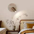 Organic Modern Travertine & Walnut Wood Wall Sconce Adjustable Bedside Reading Light with Pull Chain