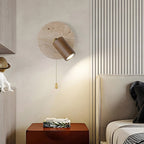 Organic Modern Travertine & Walnut Wood Wall Sconce Adjustable Bedside Reading Light with Pull Chain