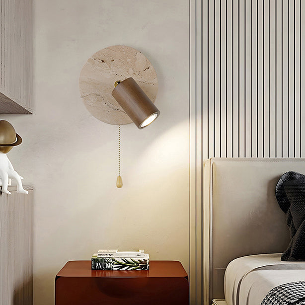 Organic Modern Travertine & Walnut Wood Wall Sconce Adjustable Bedside Reading Light with Pull Chain