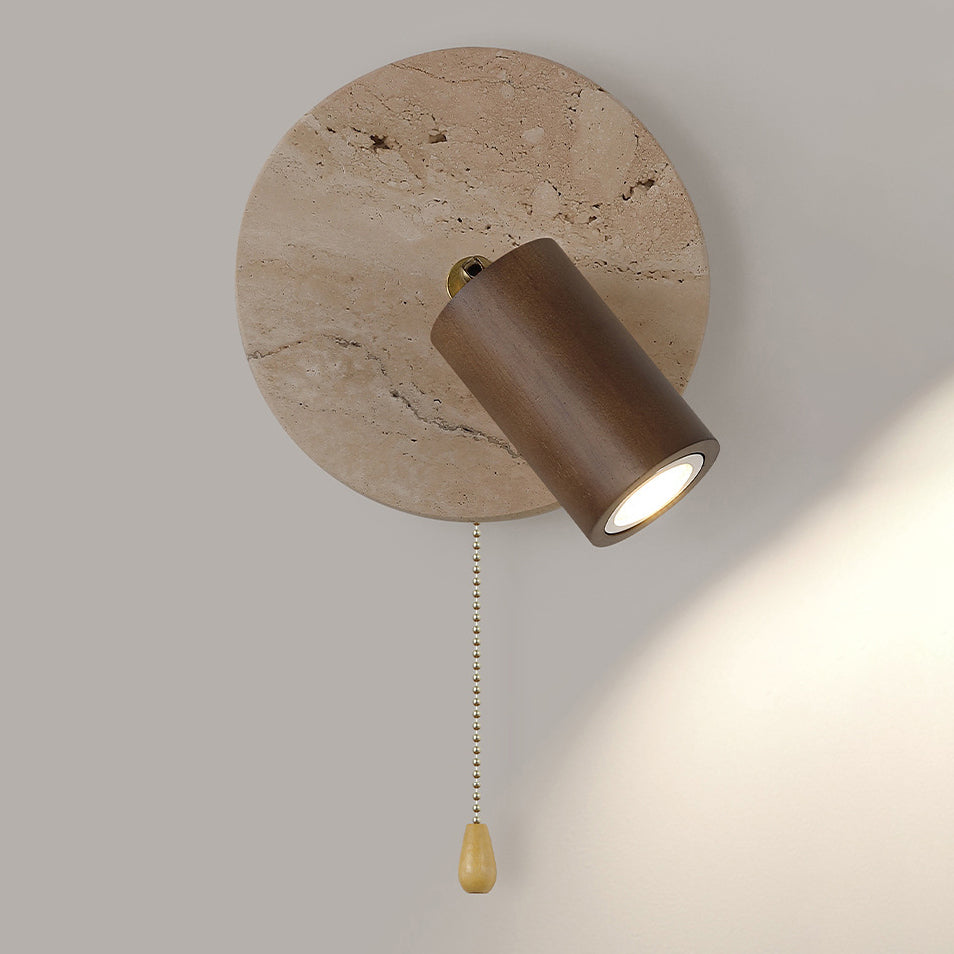 Organic Modern Travertine & Walnut Wood Wall Sconce Adjustable Bedside Reading Light with Pull Chain