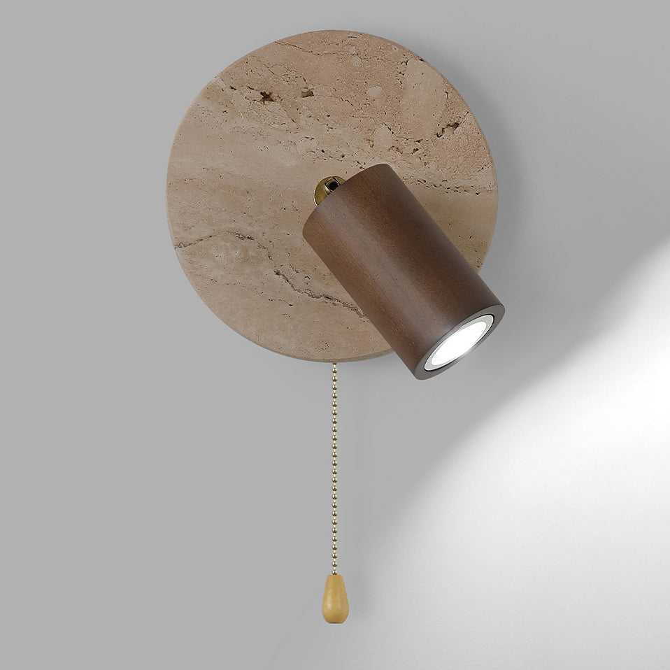 Organic Modern Travertine & Walnut Wood Wall Sconce Adjustable Bedside Reading Light with Pull Chain