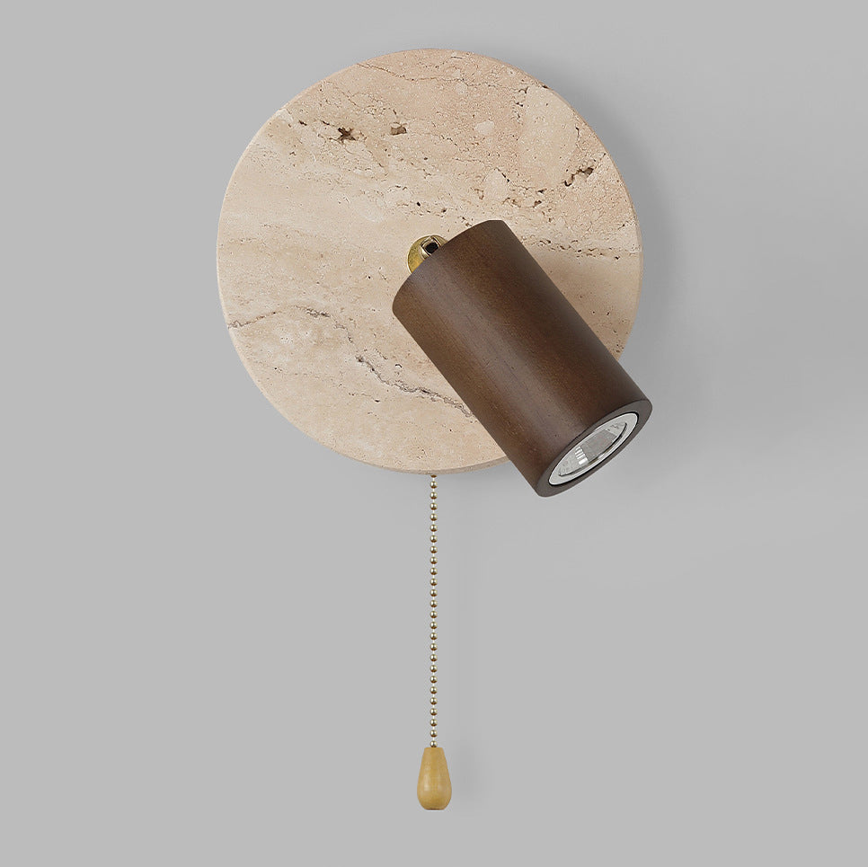 Organic Modern Travertine & Walnut Wood Wall Sconce Adjustable Bedside Reading Light with Pull Chain