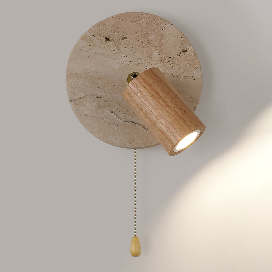 Organic Modern Travertine & Walnut Wood Wall Sconce Adjustable Bedside Reading Light with Pull Chain