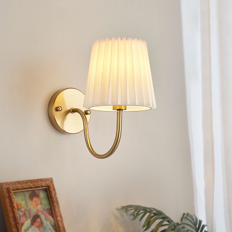 Vintage French Country Gold Wall Sconce with Pleated Fabric Shade Classic Brass Bedside Reading Light