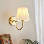 Vintage French Country Gold Wall Sconce with Pleated Fabric Shade Classic Brass Bedside Reading Light