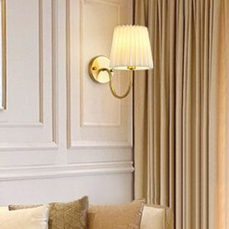 Vintage French Country Gold Wall Sconce with Pleated Fabric Shade Classic Brass Bedside Reading Light