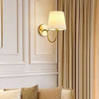 Vintage French Country Gold Wall Sconce with Pleated Fabric Shade Classic Brass Bedside Reading Light
