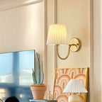 Vintage French Country Gold Wall Sconce with Pleated Fabric Shade Classic Brass Bedside Reading Light