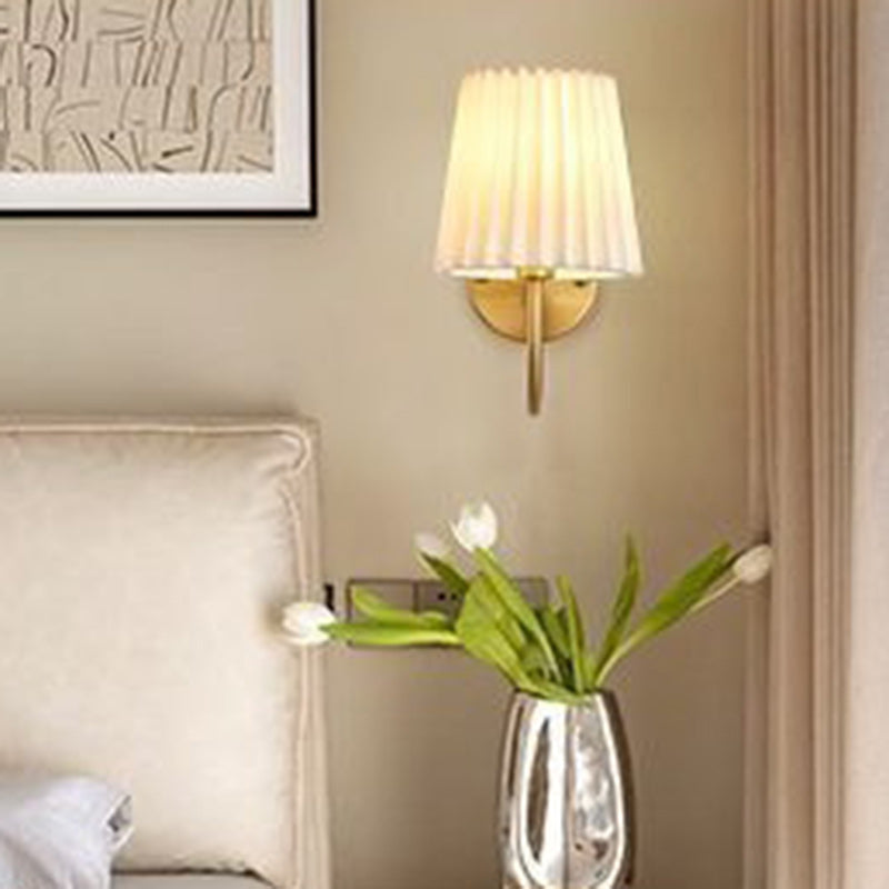 Vintage French Country Gold Wall Sconce with Pleated Fabric Shade Classic Brass Bedside Reading Light