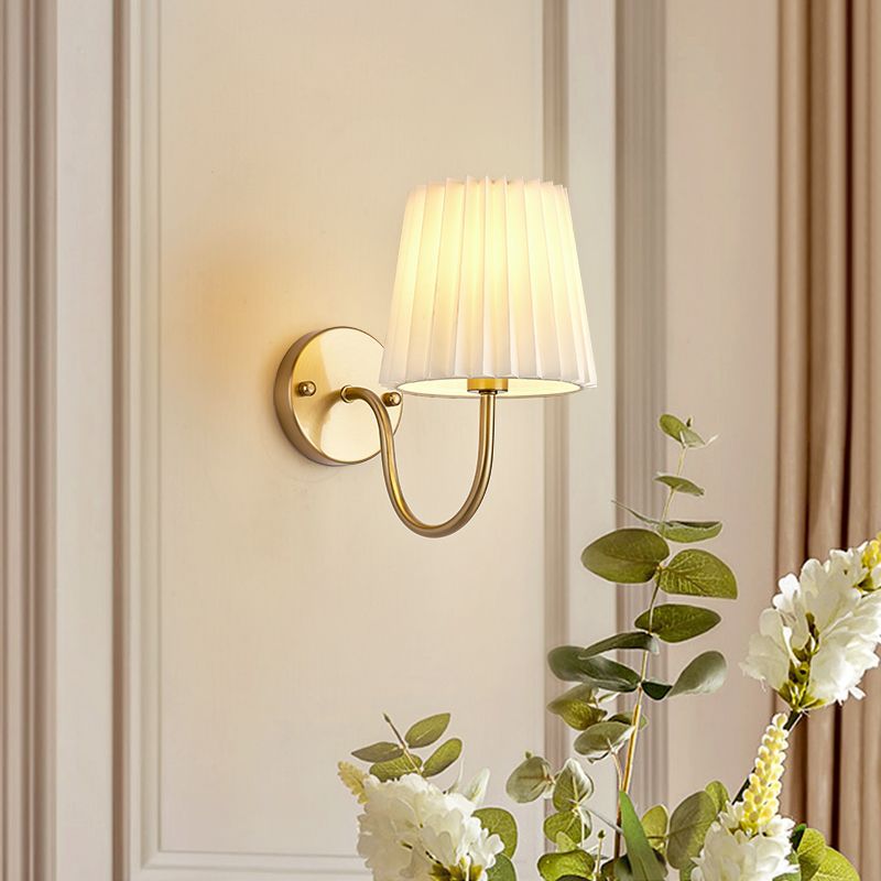 Vintage French Country Gold Wall Sconce with Pleated Fabric Shade Classic Brass Bedside Reading Light