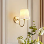 Vintage French Country Gold Wall Sconce with Pleated Fabric Shade Classic Brass Bedside Reading Light
