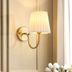 Vintage French Country Gold Wall Sconce with Pleated Fabric Shade Classic Brass Bedside Reading Light