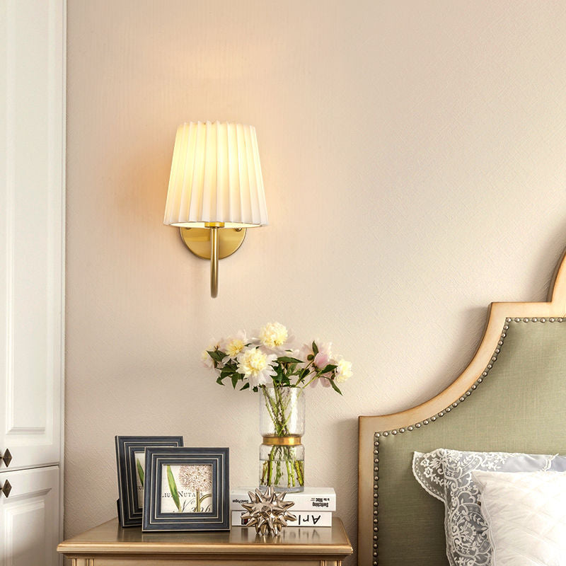 Vintage French Country Gold Wall Sconce with Pleated Fabric Shade Classic Brass Bedside Reading Light