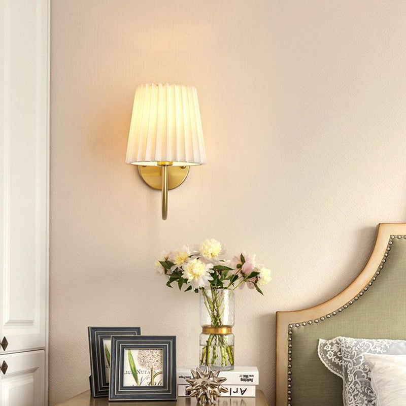 Vintage French Country Gold Wall Sconce with Pleated Fabric Shade Classic Brass Bedside Reading Light