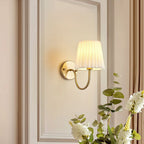 Vintage French Country Gold Wall Sconce with Pleated Fabric Shade Classic Brass Bedside Reading Light
