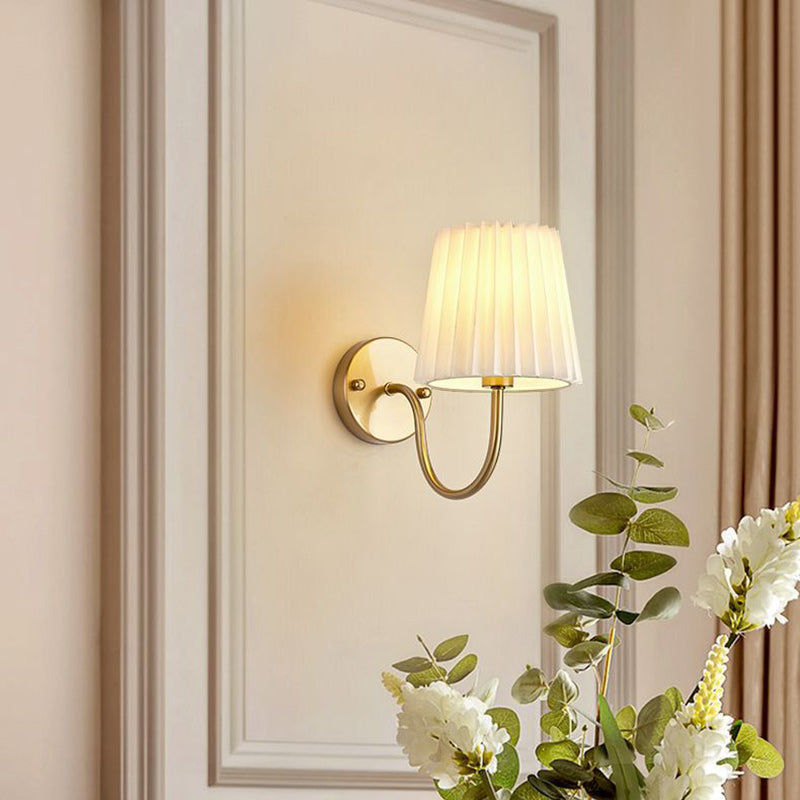Vintage French Country Gold Wall Sconce with Pleated Fabric Shade Classic Brass Bedside Reading Light