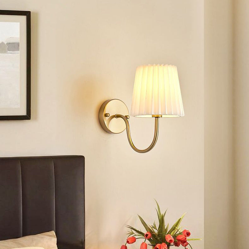Vintage French Country Gold Wall Sconce with Pleated Fabric Shade Classic Brass Bedside Reading Light