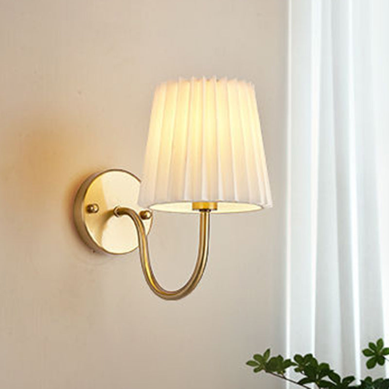 Vintage French Country Gold Wall Sconce with Pleated Fabric Shade Classic Brass Bedside Reading Light