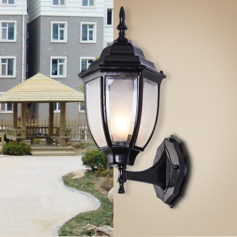 Lámpara de pared tipo aplique contemporáneo retro, impermeable, de jaula hexagonal, de aluminio y vidrio esmerilado transparente de 1 luz para patio exterior