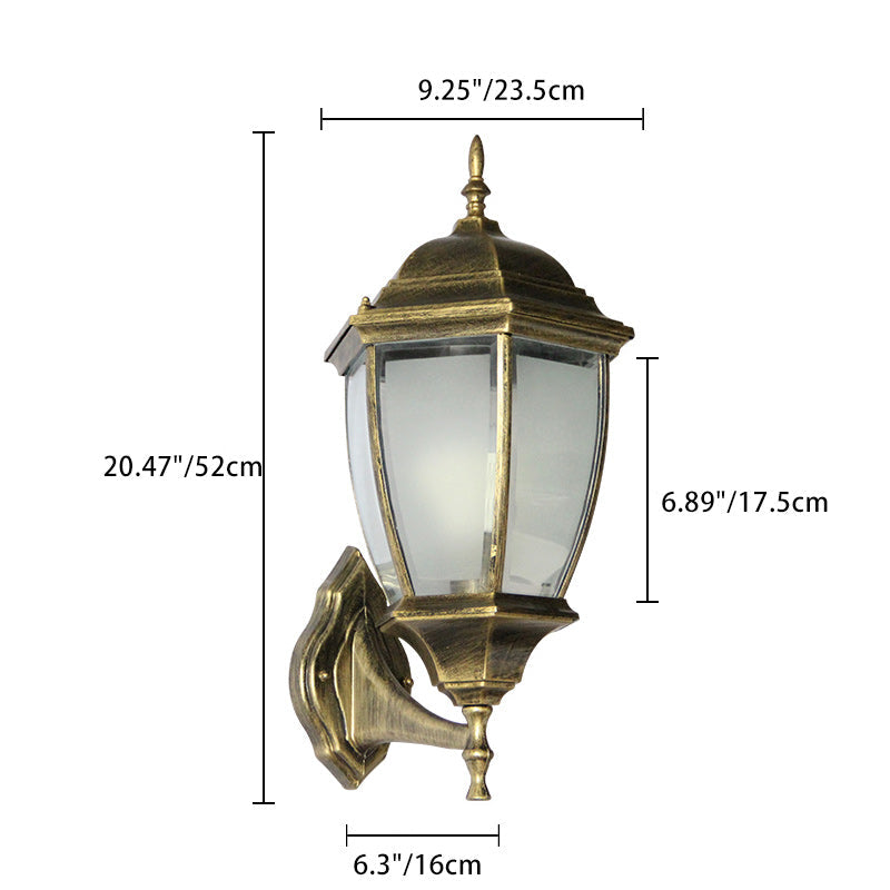 Lámpara de pared tipo aplique contemporáneo retro, impermeable, de jaula hexagonal, de aluminio y vidrio esmerilado transparente de 1 luz para patio exterior