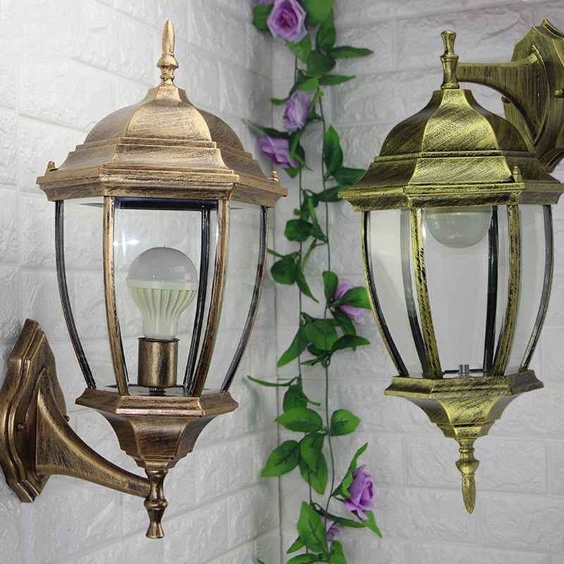 Lámpara de pared tipo aplique contemporáneo retro, impermeable, de jaula hexagonal, de aluminio y vidrio esmerilado transparente de 1 luz para patio exterior
