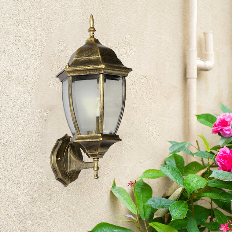 Lámpara de pared tipo aplique contemporáneo retro, impermeable, de jaula hexagonal, de aluminio y vidrio esmerilado transparente de 1 luz para patio exterior