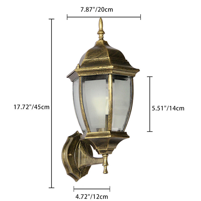 Lámpara de pared tipo aplique contemporáneo retro, impermeable, de jaula hexagonal, de aluminio y vidrio esmerilado transparente de 1 luz para patio exterior