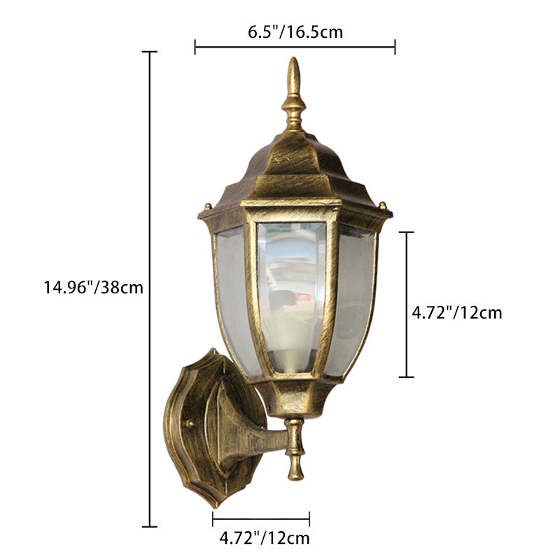 Lámpara de pared tipo aplique contemporáneo retro, impermeable, de jaula hexagonal, de aluminio y vidrio esmerilado transparente de 1 luz para patio exterior