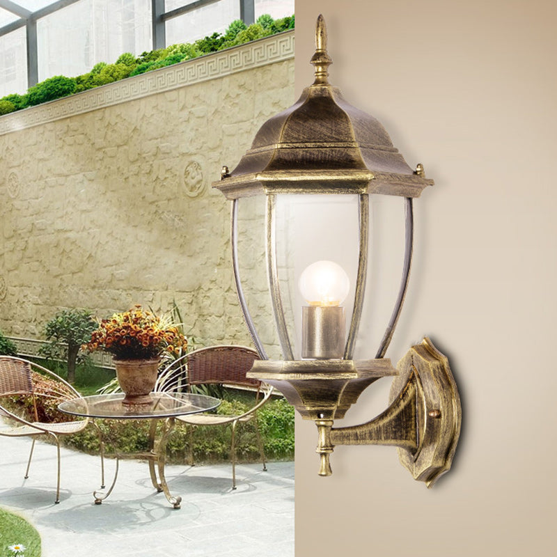 Lámpara de pared tipo aplique contemporáneo retro, impermeable, de jaula hexagonal, de aluminio y vidrio esmerilado transparente de 1 luz para patio exterior