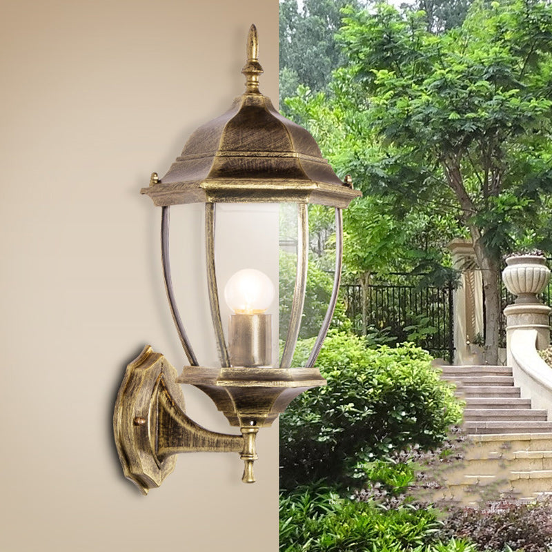 Lámpara de pared tipo aplique contemporáneo retro, impermeable, de jaula hexagonal, de aluminio y vidrio esmerilado transparente de 1 luz para patio exterior