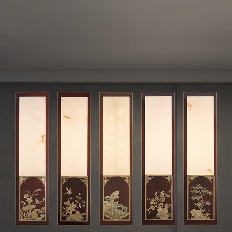 Lámpara de pared LED impermeable de latón con diseño tradicional chino de bambú y urraca, con pantalla de mármol, para pasillo