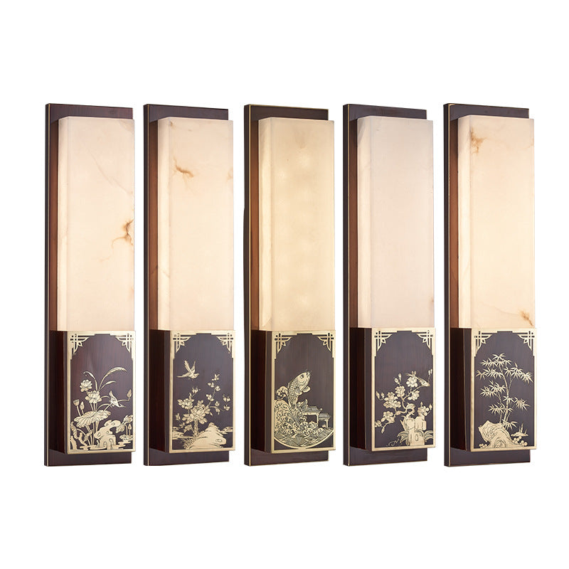 Lámpara de pared LED impermeable de latón con diseño tradicional chino de bambú y urraca, con pantalla de mármol, para pasillo