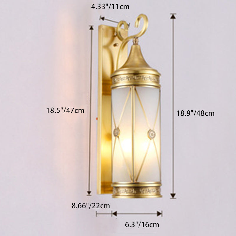 Lámpara de pared exterior de 3 luces con pantalla de cristal con diseño de agua cilíndrico y marco de latón de lujo contemporáneo para jardín