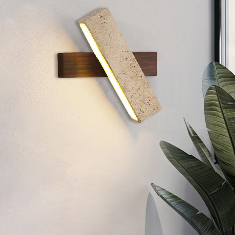 Japandi Travertine Stone & Wood LED Wall Sconce Adjustable Geometric Lamp for Living Room, Bedside, and Bathroom