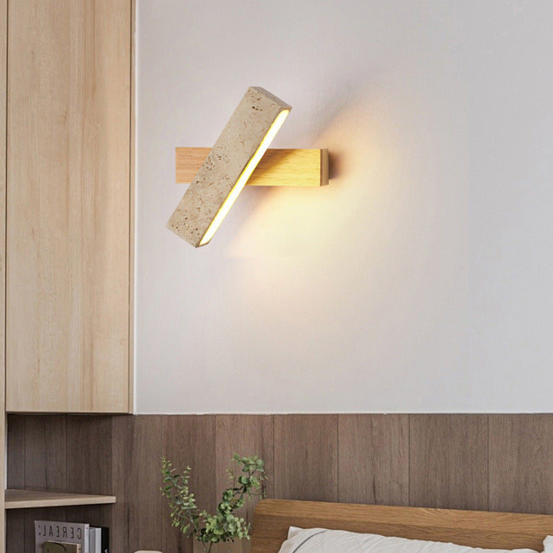 Japandi Travertine Stone & Wood LED Wall Sconce Adjustable Geometric Lamp for Living Room, Bedside, and Bathroom