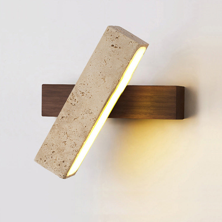 Japandi Travertine Stone & Wood LED Wall Sconce Adjustable Geometric Lamp for Living Room, Bedside, and Bathroom
