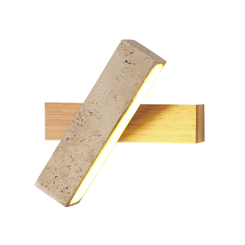 Japandi Travertine Stone & Wood LED Wall Sconce Adjustable Geometric Lamp for Living Room, Bedside, and Bathroom