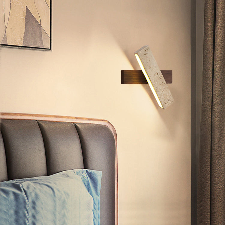 Japandi Travertine Stone & Wood LED Wall Sconce Adjustable Geometric Lamp for Living Room, Bedside, and Bathroom